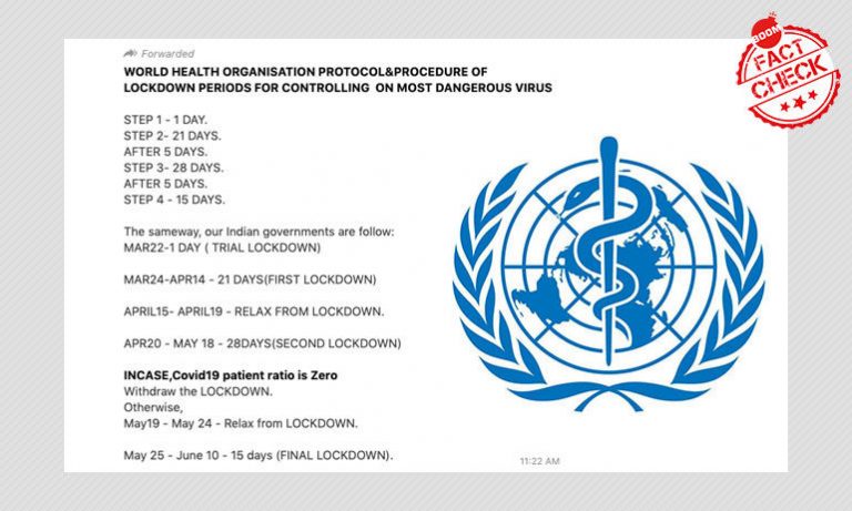 ವಿಶ್ವ ಆರೋಗ್ಯ ಸಂಸ್ಥೆಯ ಪ್ರೋಟೋಕಾಲ್ ಪ್ರಕಾರ ಲಾಕ್‌ಡೌನ್‌ ಜೂನ್‌ವರೆಗೂ ವಿಸ್ತರಣೆಯೆಂಬುದು ಸುಳ್ಳು ಸುದ್ದಿ