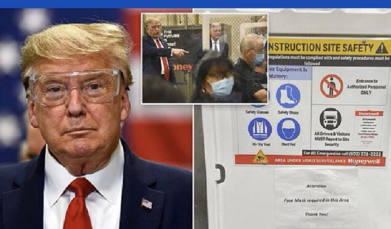 donald Trump who doesn't wear a mask despite visiting a mask making factory