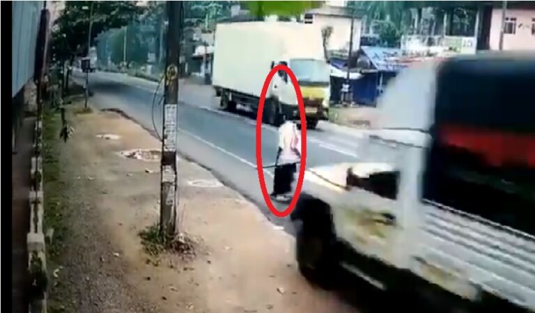 ವೈರಲ್ ವಿಡಿಯೋ; ತಪ್ಪಿದ ಭಾರಿ ಅನಾಹುತ; ಕೂದಲೆಳೆ ಅಂತರದಲ್ಲಿ ಪಾರಾದ ವ್ಯಕ್ತಿ!