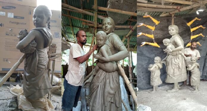 ವಲಸೆ ಕಾರ್ಮಿಕ ಮಹಿಳೆಗೆ ಹೋಲುವ ದುರ್ಗಾ ಮಾತೆ ವಿಗ್ರಹ: ಕಲಾವಿದನ ಕೈಚಳಕ ವೈರಲ್!