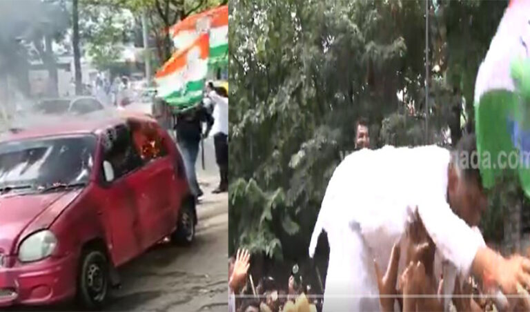 ಇಡಿಯಿಂದ ಸೋನಿಯಾಗಾಂಧಿ ವಿಚಾರಣೆ ವಿರೋಧಿಸಿ ಕಾಂಗ್ರೆಸ್ ಪ್ರತಿಭಟನೆ: ಪೊಲೀಸರ ಮೇಲೆ ಬಿದ್ದ ಡಿಕೆಶಿ, ಶಾಂತಿನಗರದಲ್ಲಿ ಕಾರ್‌ಗೆ ಬೆಂಕಿ