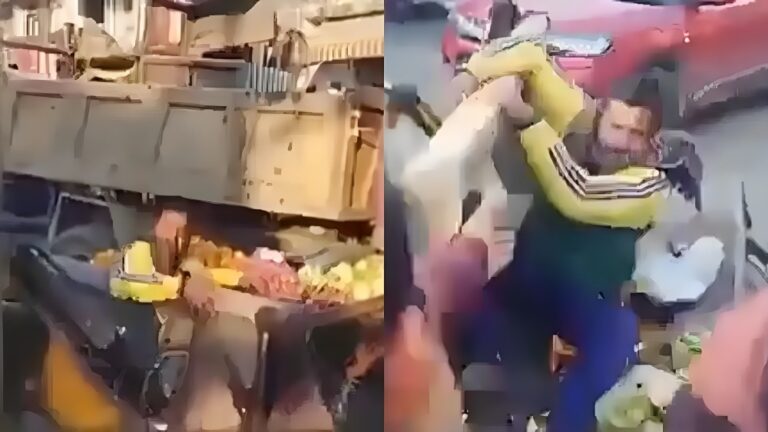 ಅಧಿಕಾರಿಗಳ ದರ್ಪ: ತಳ್ಳುಗಾಡಿ ಉಳಿಸಲು ಜೆಸಿಬಿಯಲ್ಲಿ ನೇತಾಡಿದ ಬಡ ವ್ಯಾಪಾರಿ