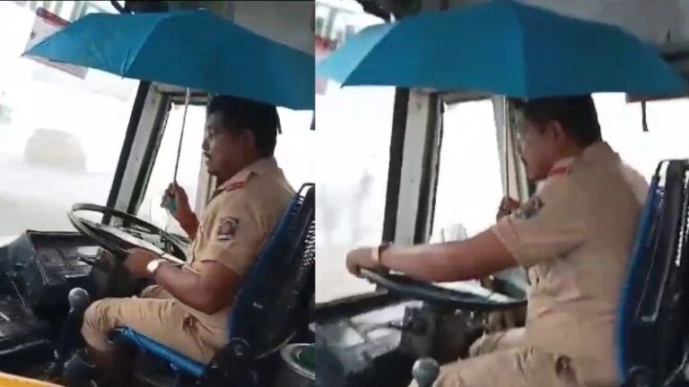 ಕೊಡೆ ಹಿಡಿದು ಬಸ್‌ ಚಲಾಯಿಸಿದ NWKSRTC ಚಾಲಕ : ಪರ-ವಿರೋಧ ಚರ್ಚೆ