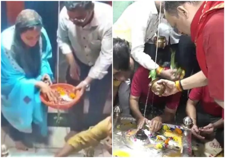 ಮುಸ್ಲಿಂ ನಾಯಕಿಯ ಭೇಟಿ ಬಳಿಕ ಗಂಗಾಜಲದಿಂದ ದೇವಸ್ಥಾನ ಶುದ್ದೀಕರಣ ನಡೆಸಿದ ಅರ್ಚಕರು