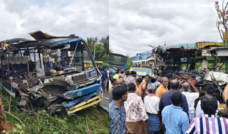 ತಮಿಳುನಾಡಿನಲ್ಲಿ ಭೀಕರ ಬಸ್ ಡಿಕ್ಕಿ: 6 ಸಾವು, 35 ಕ್ಕೂ ಹೆಚ್ಚು ಜನರಿಗೆ ಗಾಯ