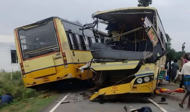 ತಮಿಳುನಾಡಿನಲ್ಲಿ ಎರಡು ಬಸ್ಸುಗಳು ಡಿಕ್ಕಿ:10ಕ್ಕೂ ಹೆಚ್ಚು ಜನರ ಸಾವು, 20 ಜನರಿಗೆ ಗಂಭೀರ ಗಾಯಗಳಾಗಿವೆ