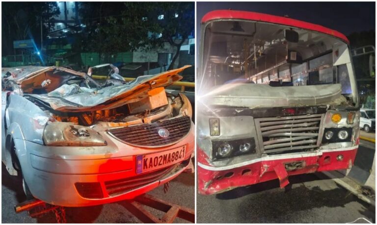 ಬೆಂಗಳೂರು | ಡಿವೈಡರ್ ಹಾರಿ ಬಸ್‌ಗೆ ಡಿಕ್ಕಿ ಹೊಡೆದ ಕಾರು : ಐವರು ಸಾವು